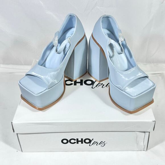 Ocho Toros Platform Heels Women 8 Tampico Baby Blue T-Strap Chunky Mary Jane New - Picture 6 of 16